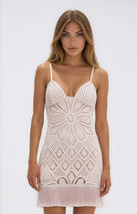 Flower Crochet Embroidered Mini Dress – Beige