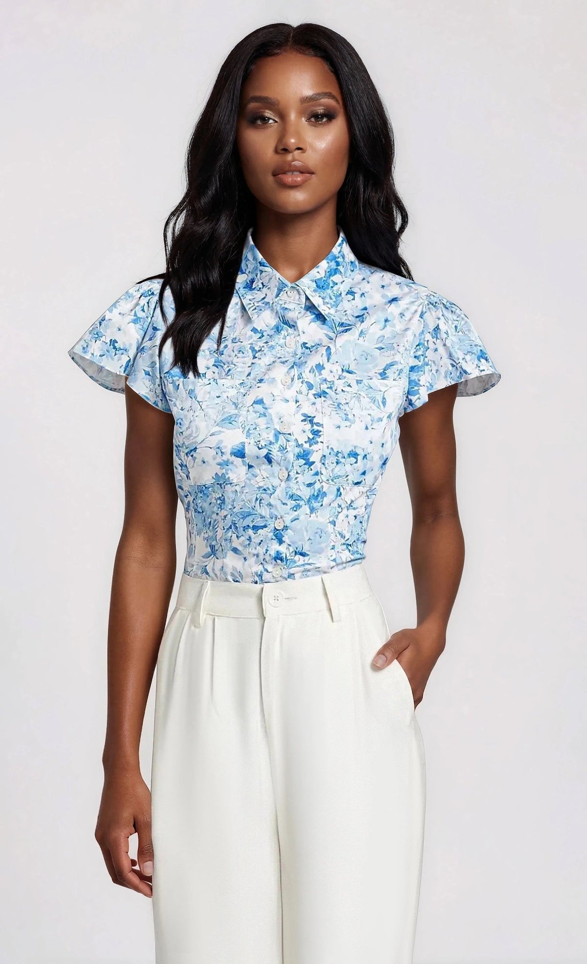 Francesca Floral Poplin Shirt - Zesty Floral White Blue - XO, Tina