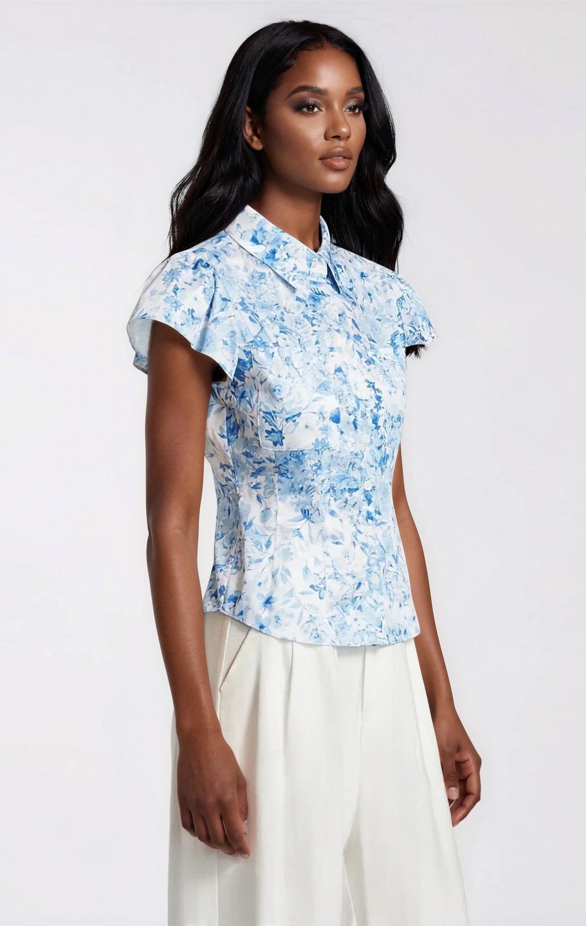 Francesca Floral Poplin Shirt - Zesty Floral White Blue - XO, Tina