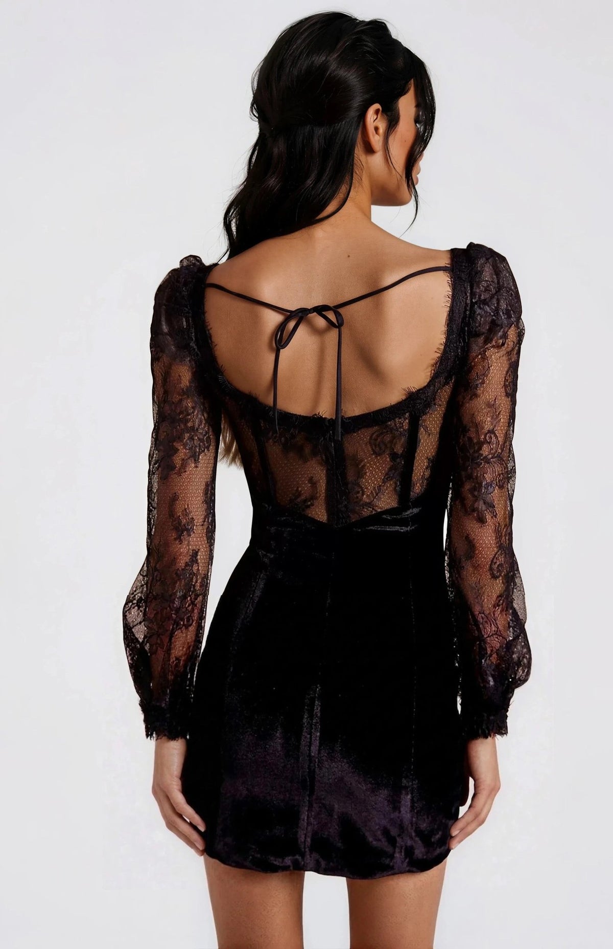 Lace and Velvet Mini Dress - Black