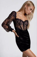 Lace and Velvet Mini Dress - Black