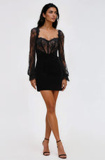 Lace and Velvet Mini Dress - Black