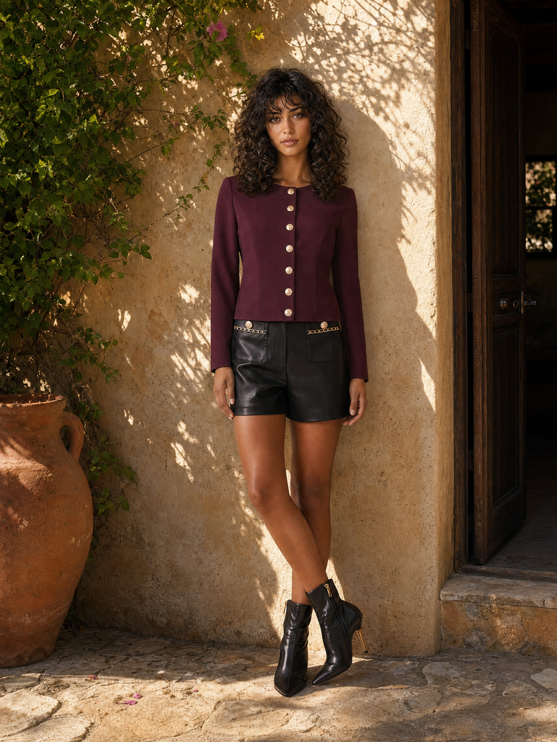 A woman stands outdoors against a sunlit stucco wall wearing a burgundy long-sleeve cropped top with gold-tone buttons, black faux-leather shorts, and black ankle boots.