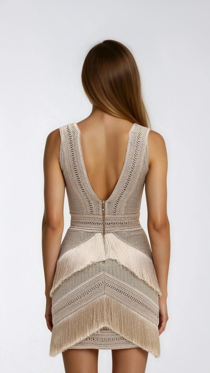 Deep V-Neck Fringe Mini Dress – Clay