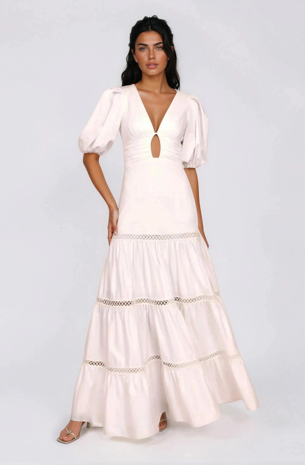 Plunge Sleeve Long Dress – White