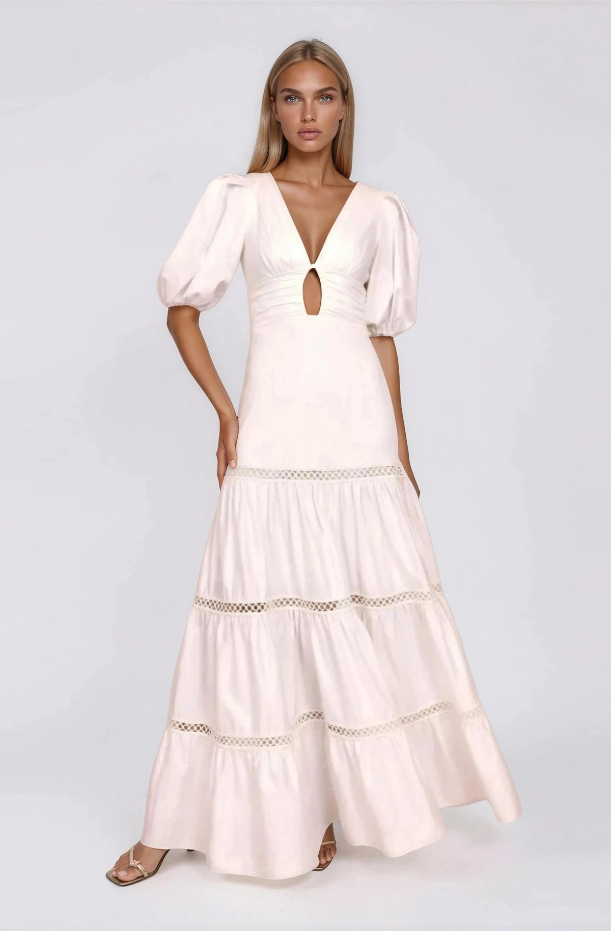 Plunge Sleeve Long Dress – White