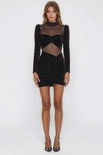 Velvet and Stretch Tulle Mini Dress - Black