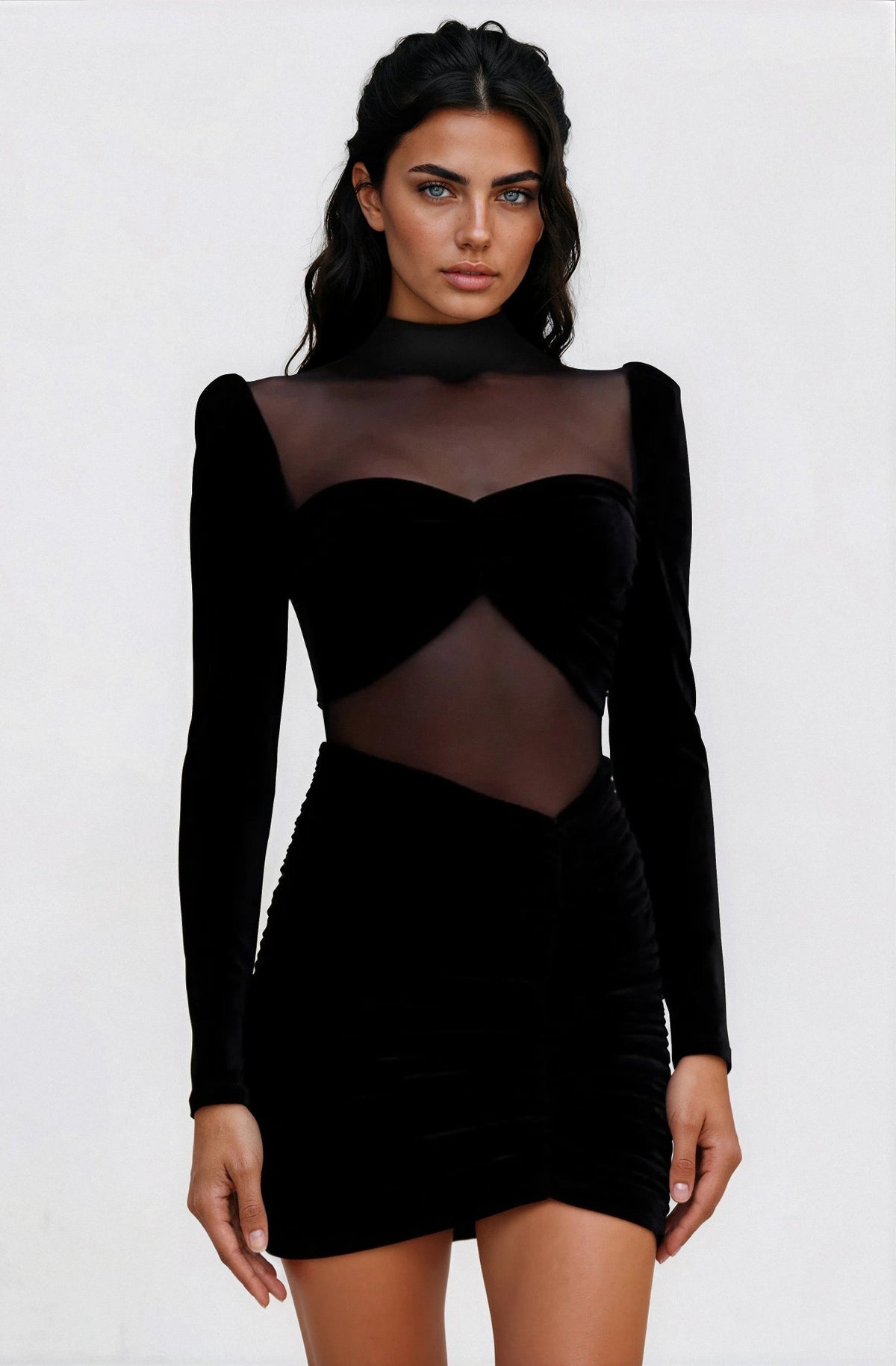 Velvet and Stretch Tulle Mini Dress - Black