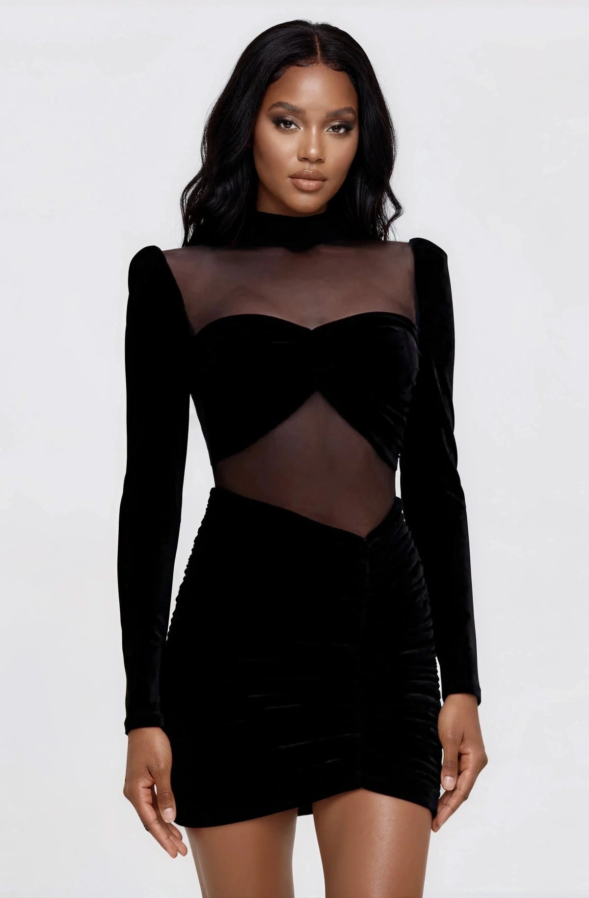 Velvet and Stretch Tulle Mini Dress - Black
